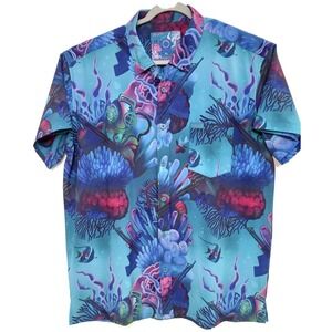 Retro Shirt Mens Large Blue Teal Nautical‎ Diver Helmet Button Up Hawaiian Print